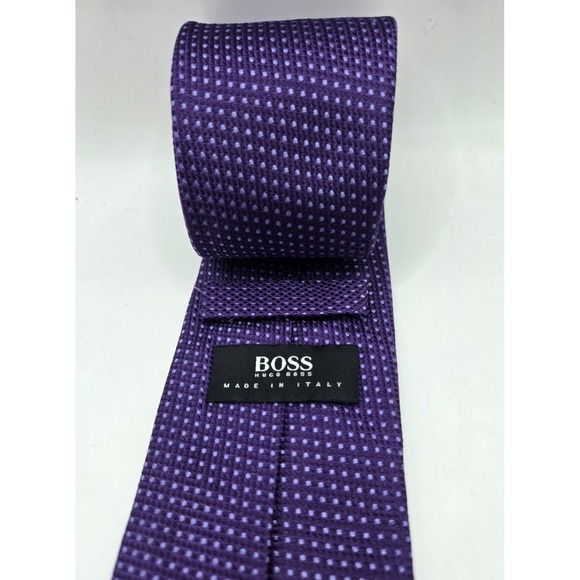 HUGO BOSS Black Label Tie Purple Geometric 100% Silk Woven Slim Necktie Italy - Picture 1 of 11